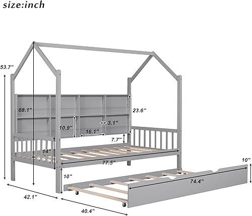 Miniatura 41 de Merax Cama de madera de tamaño individual con valla, techo, barandillas para niñas, niños, marco de cama de casa se puede decorar (gris)