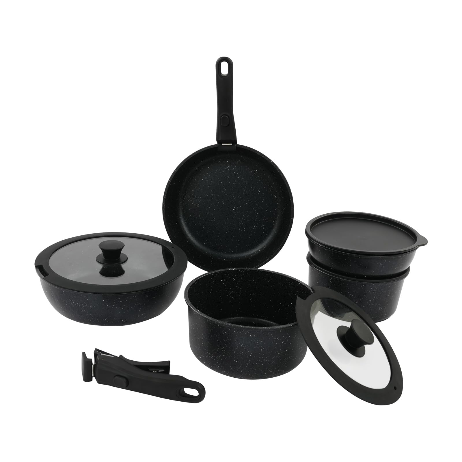 Juego de utensilios de cocina de 15 piezas, antiadherente, juego de ollas y sartenes versátiles con mango extraíble, ollas y sartenes portátiles para cocina (negro)