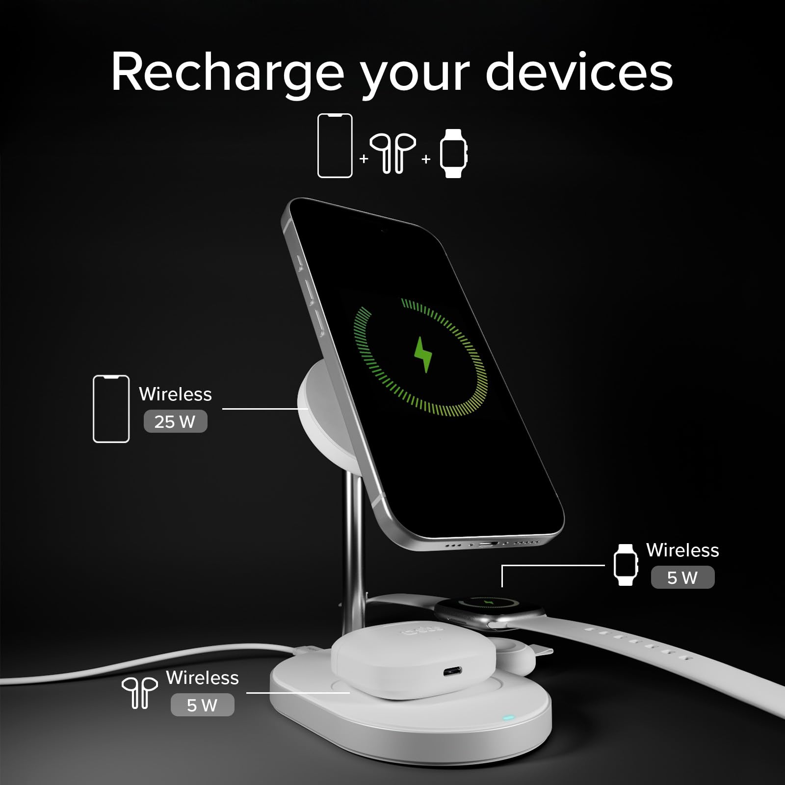 SBS Stazione di Ricarica Wireless 3in1, Qi2 25W MagSafe, MFI Certified | Caricatore senza fili per iPhone, AirPods, Apple Watch, Caricabatterie Magnetico, Dot Watch Portatile, Design Minimal, Bianco