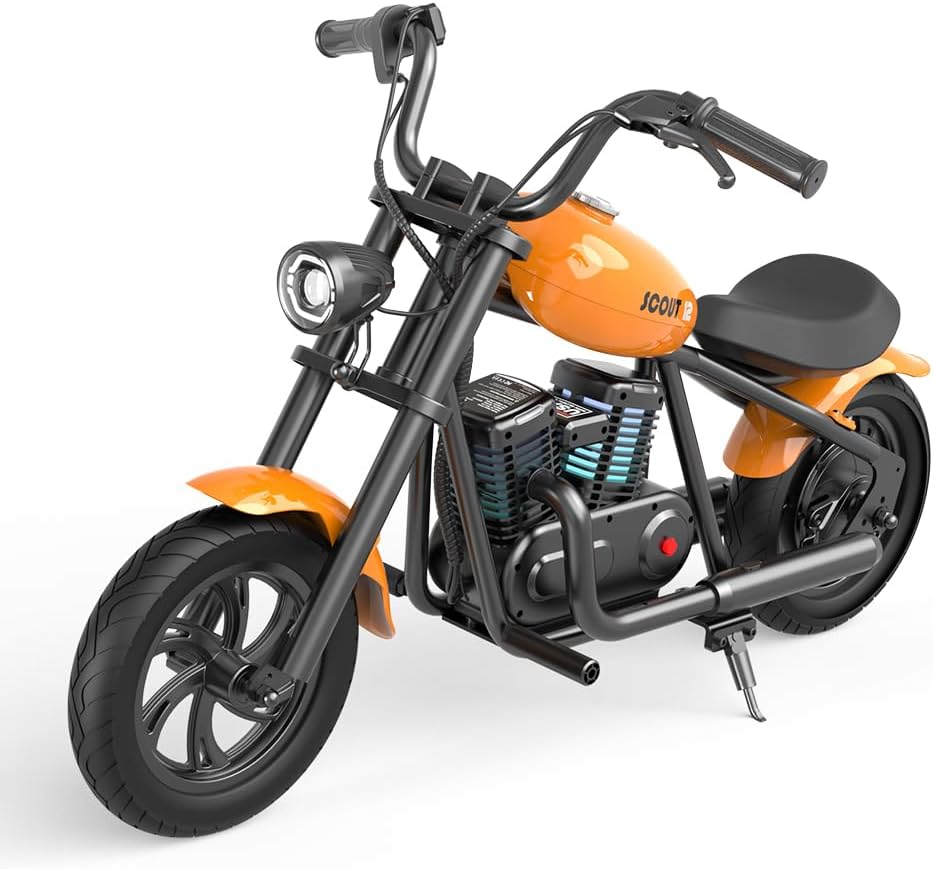 HYPER GOGO Electric Dirt Retro Bike Scout 12,24V 160W Electric Motorcycle for Kids,Unique Simulated Fog Feature,Max Speed Up 10 Mph,Max Weight Support 144 LB,Orange