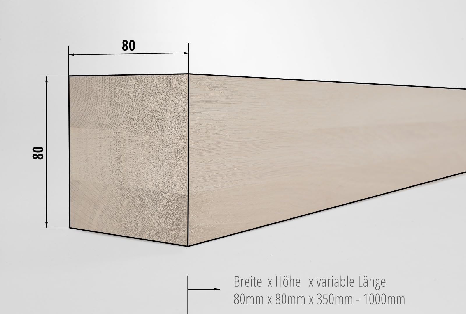 Leimholz Eiche nach Maß 80 x 80 mm [350–1000 mm Länge wählbar] – Brettschichtholz mit durchgehenden Lamellen – wasserfest verleimt & technisch getrocknet