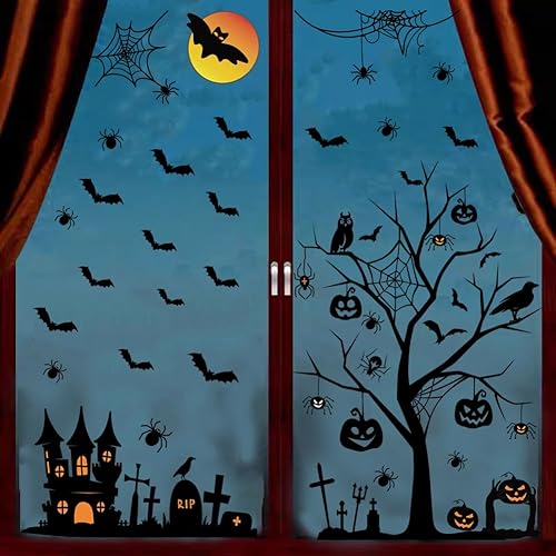 Miniatura 10 de Calcomanías de pared de bruja de Halloween, luna de Halloween, murciélagos, brujas, murciélagos, arañas, farol, calabaza, gato, Halloween, ventana,