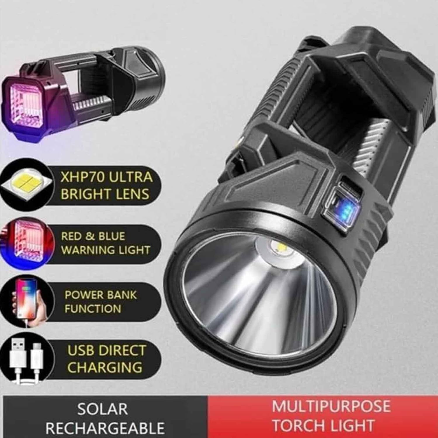 New German 1000000 lumens Waterproof Spot Lights Handheld Large searchlight, Outdoor Searchlight, Super Bright Solar Spotlight Flashlight, Rechargeable Solar Tactical Flashlight (L)