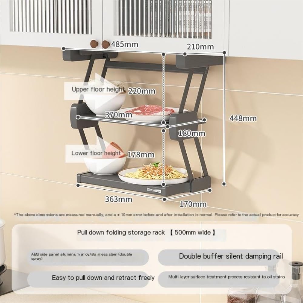 Organizer Drop-Down Foldable Kitchen Cabinet Rack, Multi-Tier Stainless Steel Organizer with Buffer Damping(Black 500mm)