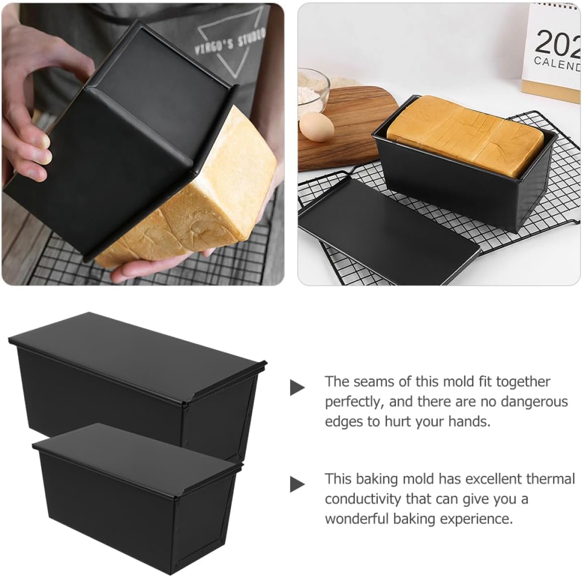 2pcs Carbon Steel Nonstick Loaf Pan Sliding Lid for Baking Bread Toast Molds