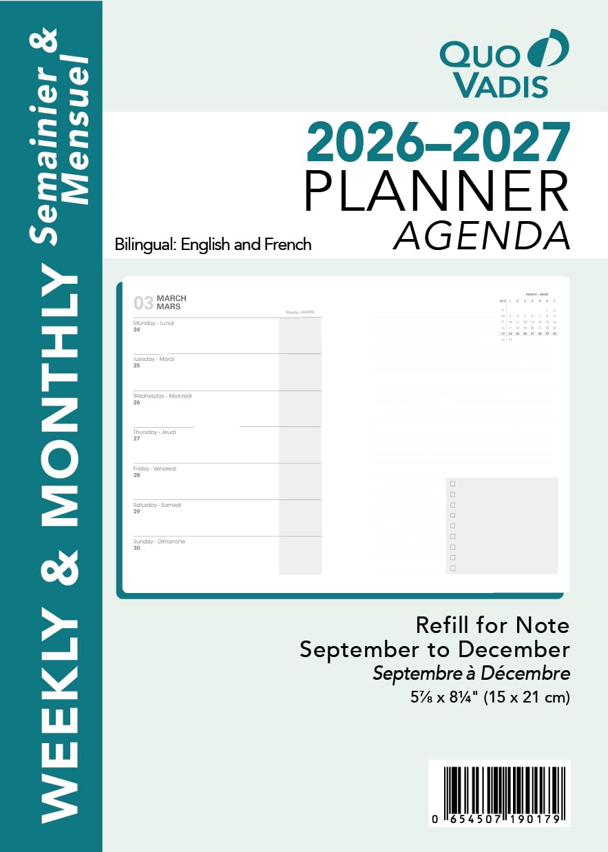 Nota – 16 meses – Recambio de planificador semanal/mensual – septiembre 2026 a diciembre 2027 – Bi-Lingual (EN/FR) – por Quo Vadis – 6 x 8 1/4 pulgadas – Un diseño moderno para diario y planificación