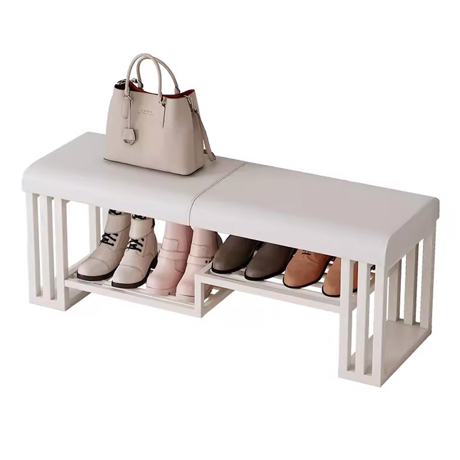 Meuble à chaussures blanc en métal avec coussin confortable pour entrée accueillante