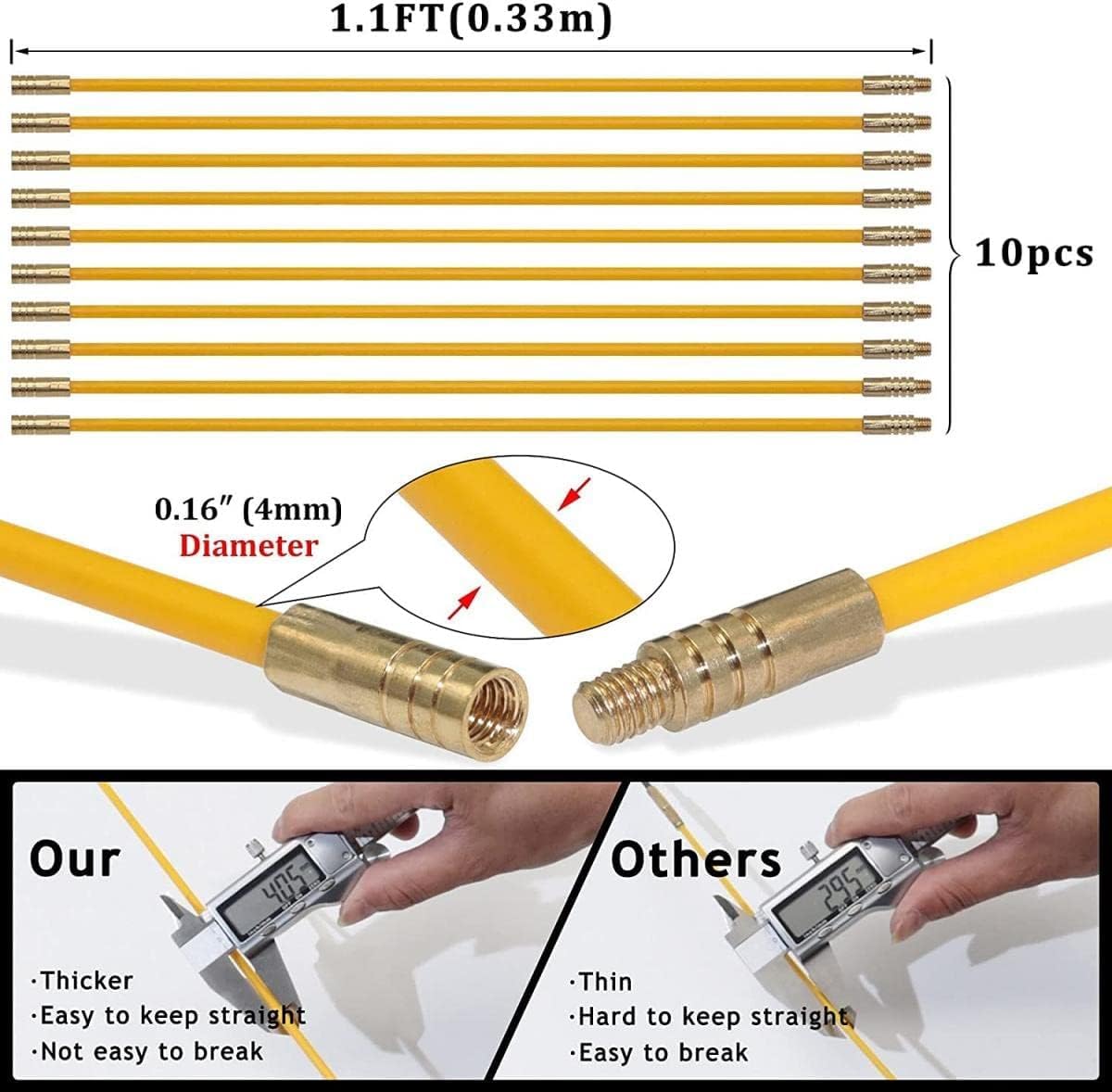 10PCS Varillas de Cable Varillas eléctricas con Gancho y Kit de Orificio Fibra de Vidrio Conexión eléctrica Kit de tracción de Cinta pasacables - Diámetro del Cable 4 mm Longitud 330 mm