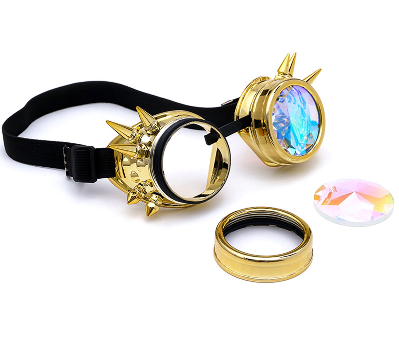 FUT Festivals Chrome Vintage Frame Steamopunk Goggles Rainbow Lenses with Kaleidoscope Crystal Lenses