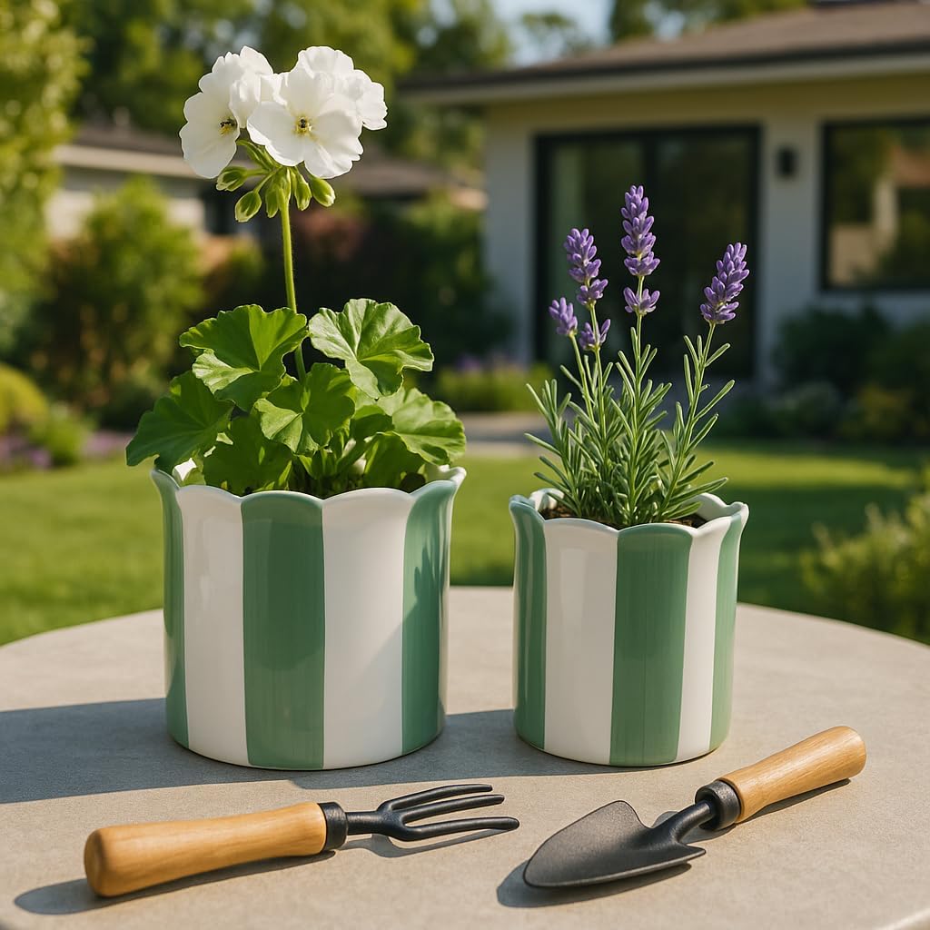Ceramic Planter Pots – Planters for Everyday Greenery, Indoor Planters for Shelf or Patio, Striped Scallop Design Garden Home Decor Accent – 8" x 7" & 6" x 6"(Set of 2), Green & White