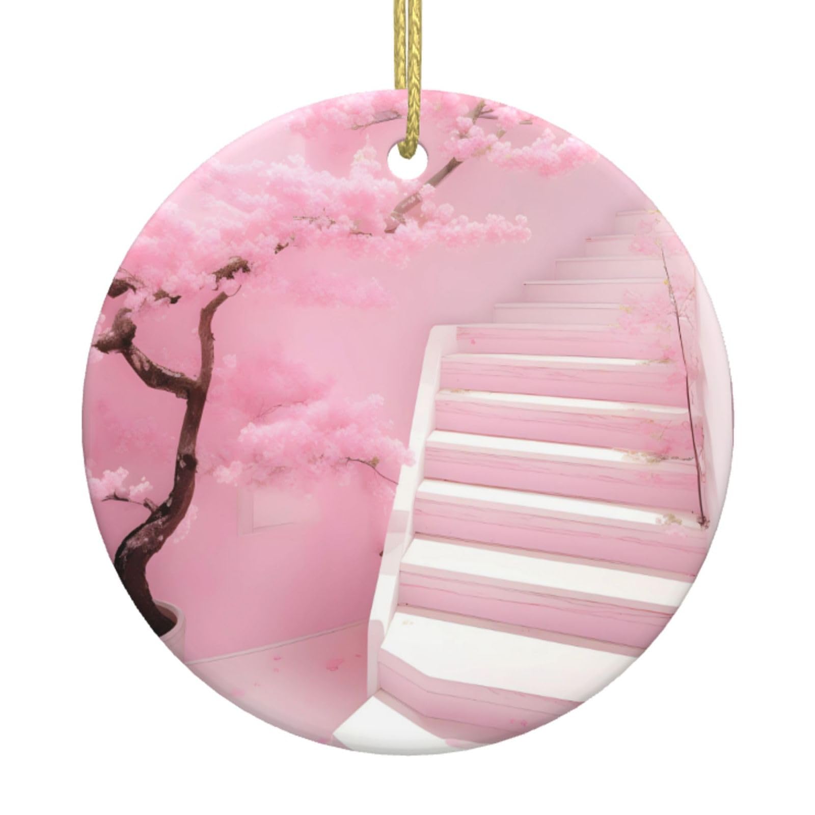 Cherry Blossom White Staircase Printed Christmas Tree Ceramic Ornaments Holiday Decoration Christmas Unique Pendant for Christmas Party