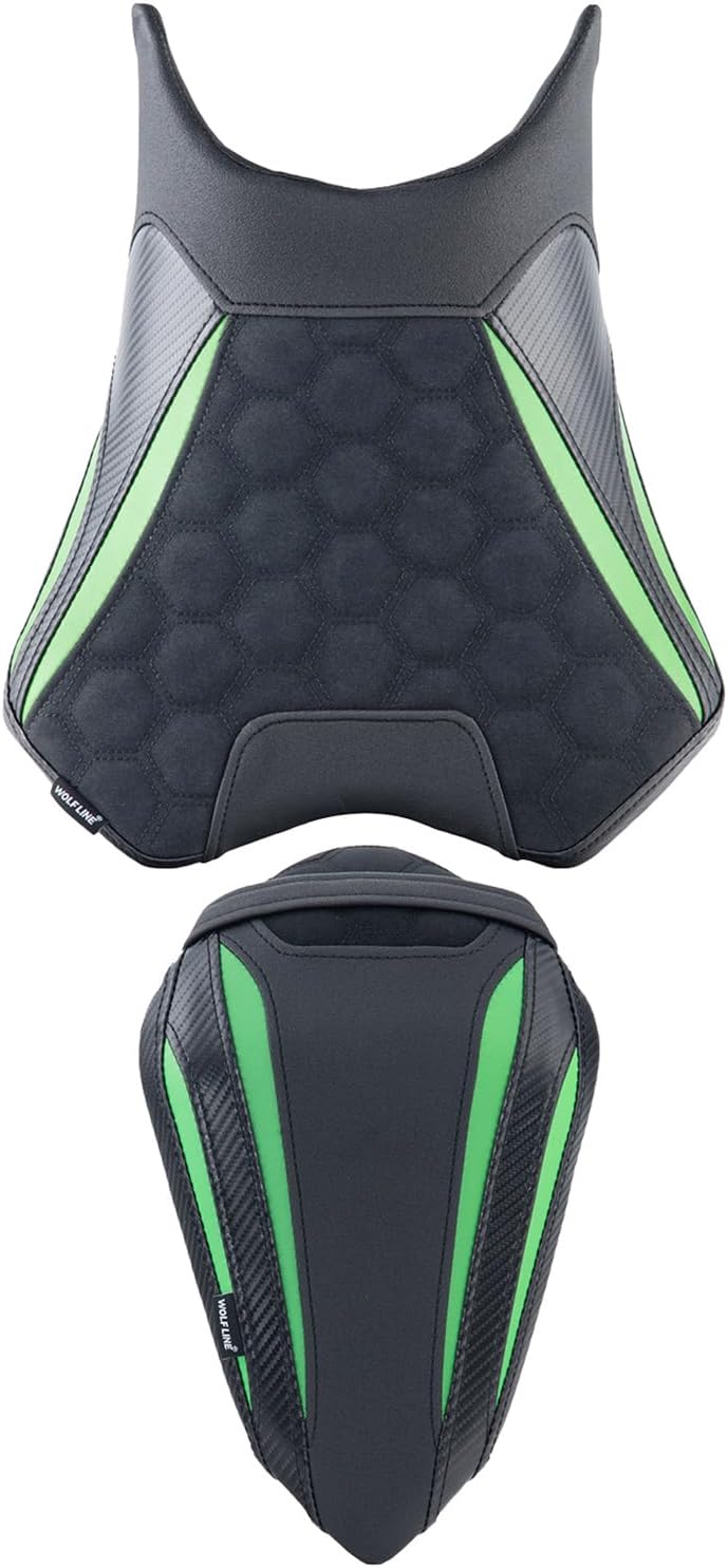 Motorcycle Front & Rear Seat Cushion Compatible with Ninja 500 Z500 2024 2025, Leather Rider Saddle Solo Passenger Pillion Pad Kit, Green