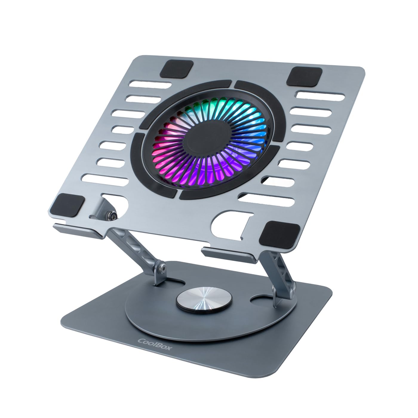 CoolBox CoolAir – Portable Stand with Silent RGB Fan of 11 cm, Height Adjustable Base and 360° Swivel, Portable Cooler with Adjustable Speed, Tablets/Laptops up to 17.3 inches. Aluminium