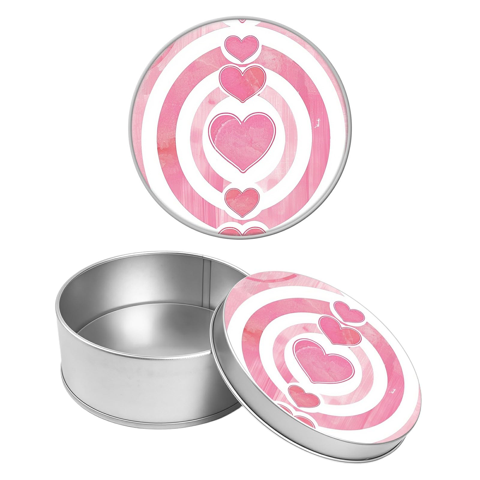 Round Metal Tin Container with Removable Lid, Pink Heart Durable Metal Storage Box for Crafts Snacks Candies Office Supplies Small Items 3.54 x 1.38 inch– Single Pack