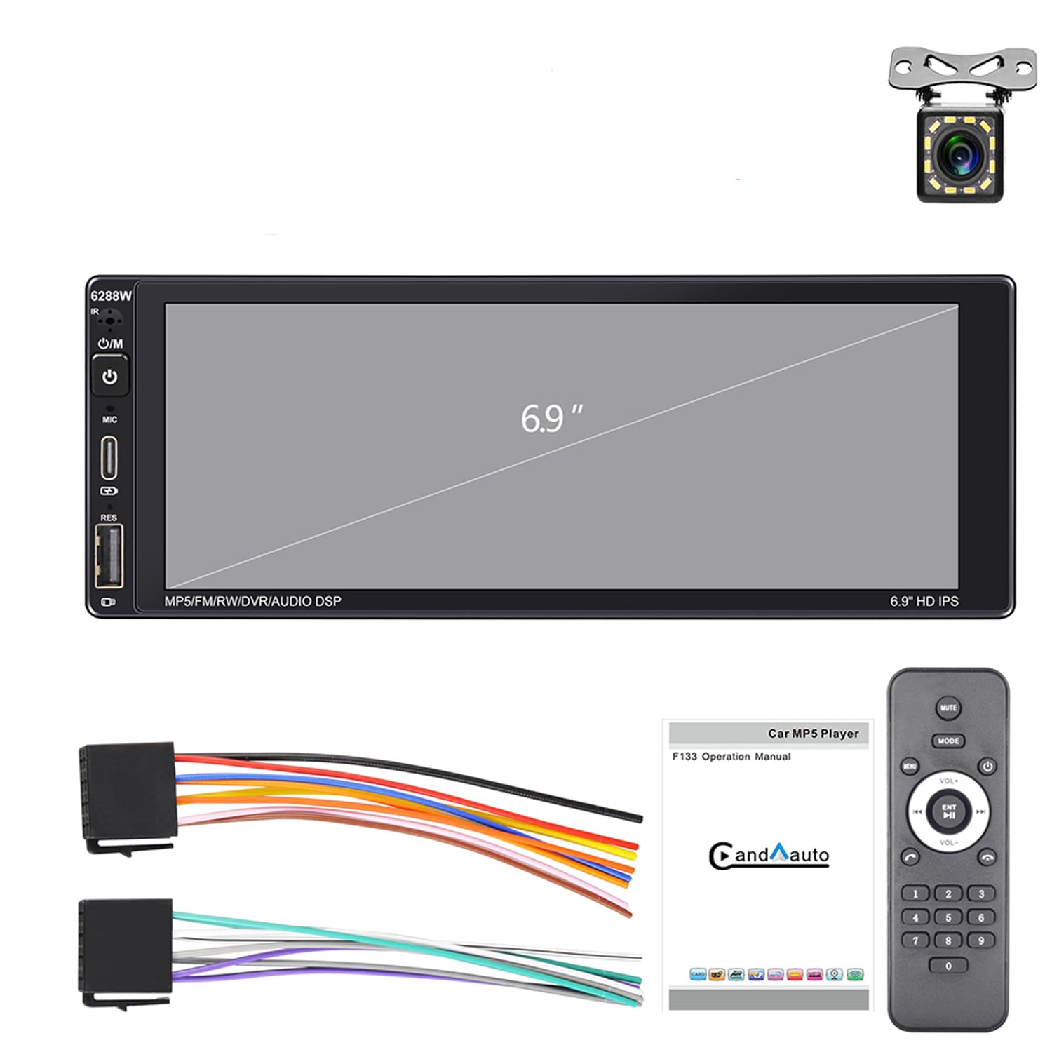Radio samochodowe 1 Din z bezprzewodowym CarPlay Android Auto 6,9" ekran dotykowy Bluetooth Radio samochodowe z 12 diodami LED Widok z ty?u Obs?uga kamery FM AM RDS Radio Mirror Link USB typu C