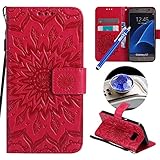 Etsue Kompatibel mit Samsung Galaxy S7 Handyhülle Handytasche Brieftasche Hülle Bookstyle Schutzhülle Mandala Blumen Prägung Lederhülle Flip Case Cover Leder Tasche Klapphülle Kartenfächer,Hot Pink