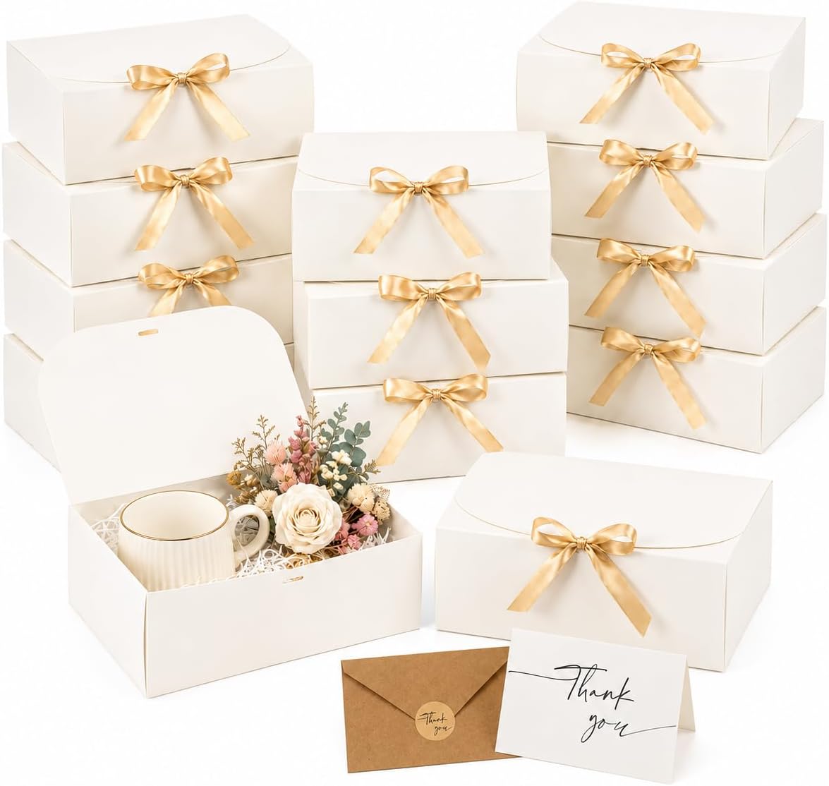 Treelement 15 Pack White Gift Boxes with Lids, 10.6×7.8×3.1 Inch Bridesmaid Proposal Boxes with Ribbons, Envelopes and Cards for Wedding, Birthday, Baby Shower, Party Favors and Thank you Gifts