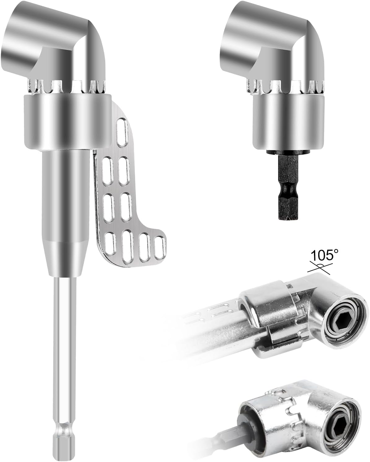 105° Angle Wrench Attachment Adapter, 2 Pieces Drill Hex Shank (Long and Short Models), 1/4 Inch Hex Shank Angle Gear for Garage Construction Workers