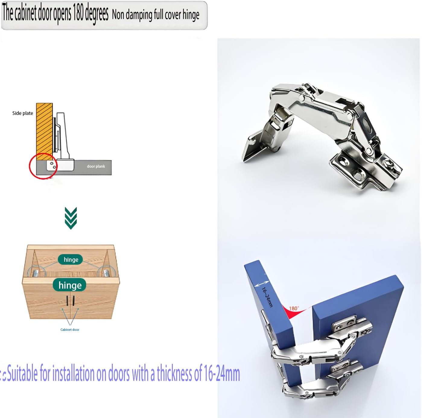 Small Angle self Closing 180 Degree Cabinet Hinge (2 Pairs, 4-Piece Set) 180 Degree Frameless Hidden Kitchen Cabinet Door Hinge, Suitable for Wardrobe/Cabinet/Corner Cabinet Folding Hinge/Full Cover