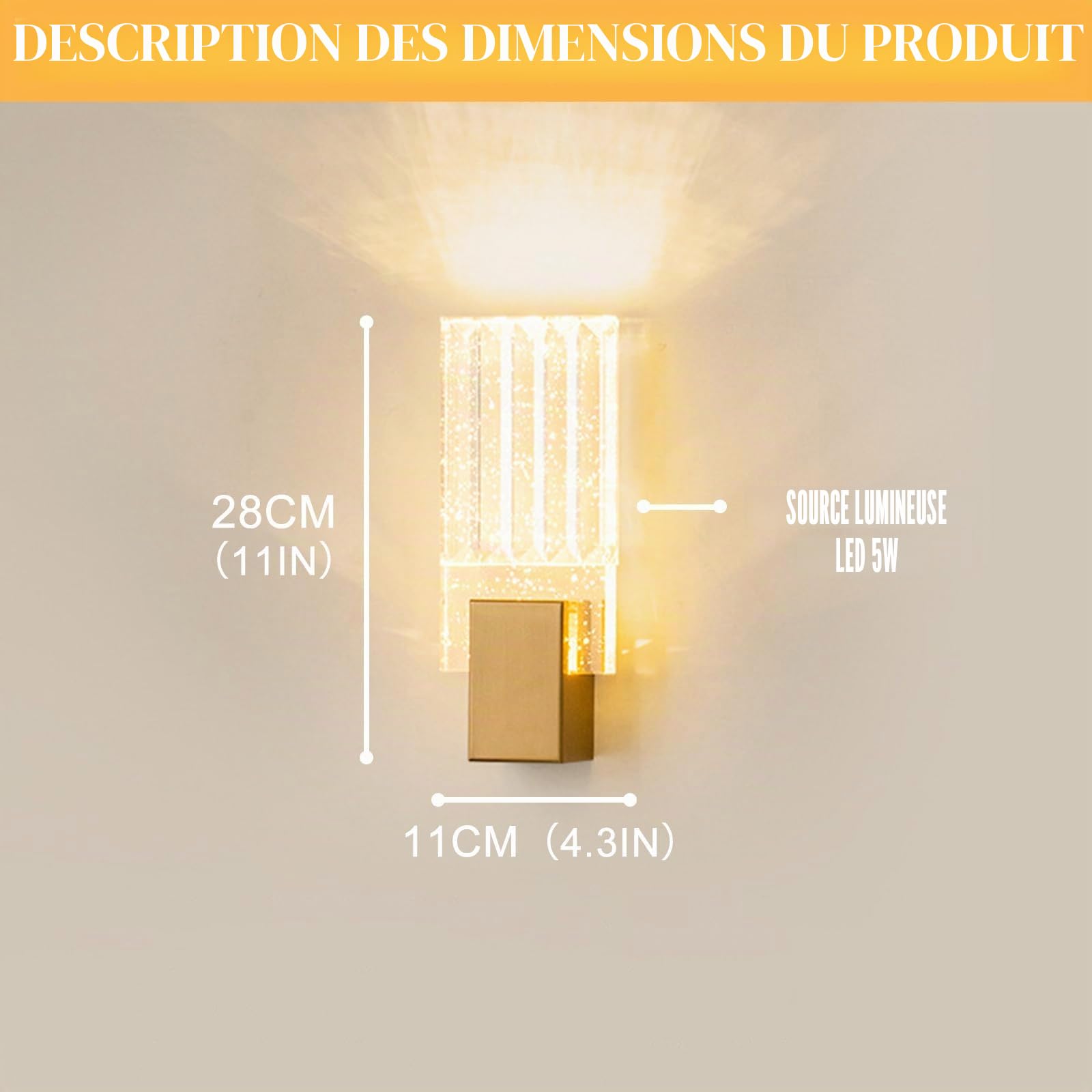 Lot de 2 Appliques Murales LED Cristal K9 Doré – Paire de Luminaires Muraux 5W avec 3 Couleurs – Éclairage Luxe Contemporain Idéal pour Chambre à Coucher, Salon, Salle à Manger et Couloir