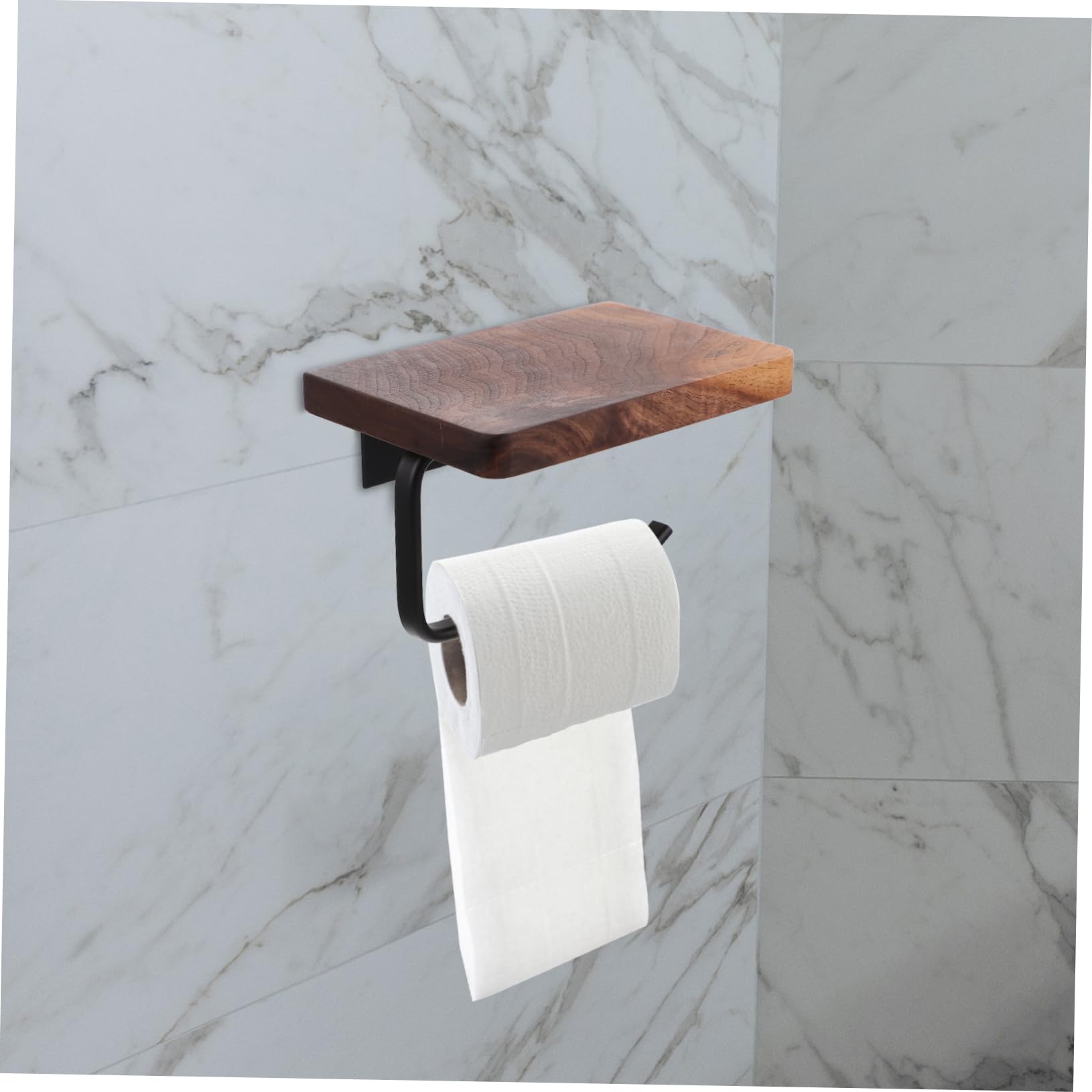 Portarrollos Diseño Práctico y Duradero de Papel Higiénico de Madera y Aluminio Negro, Estante de Pared Instalación sin Taladro Tornillos para Baño y Cocina