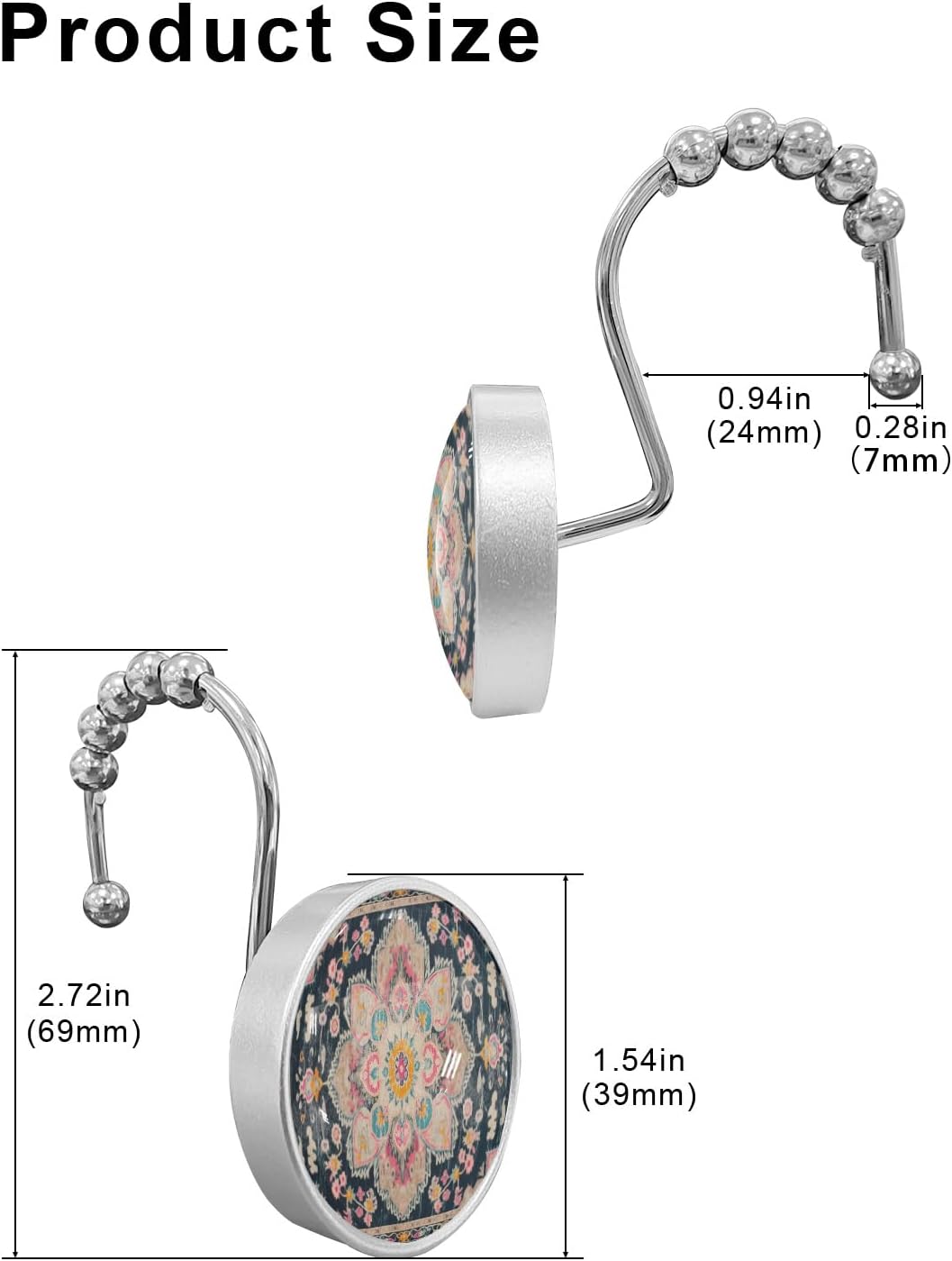 Medieval Shower Curtain Hooks, Vintage Turkish Pattern Wallpaper Mural 12PCS Shower Curtain Hooks Rings for Bathroom Stainless Steel Rust Resistant Shower Curtain Hangers