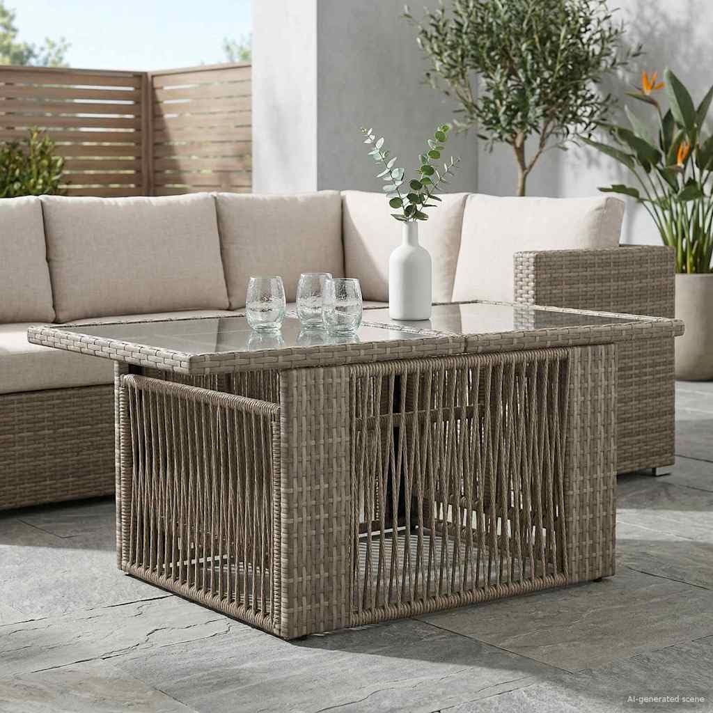 Tavolo da giardino, balcone, tavolo da pranzo, tavolo da terrazza, per esterni, cortile, terrazza, giardino, grigio, 100 x 55 x 37 cm, in rattan sintetico e vetro