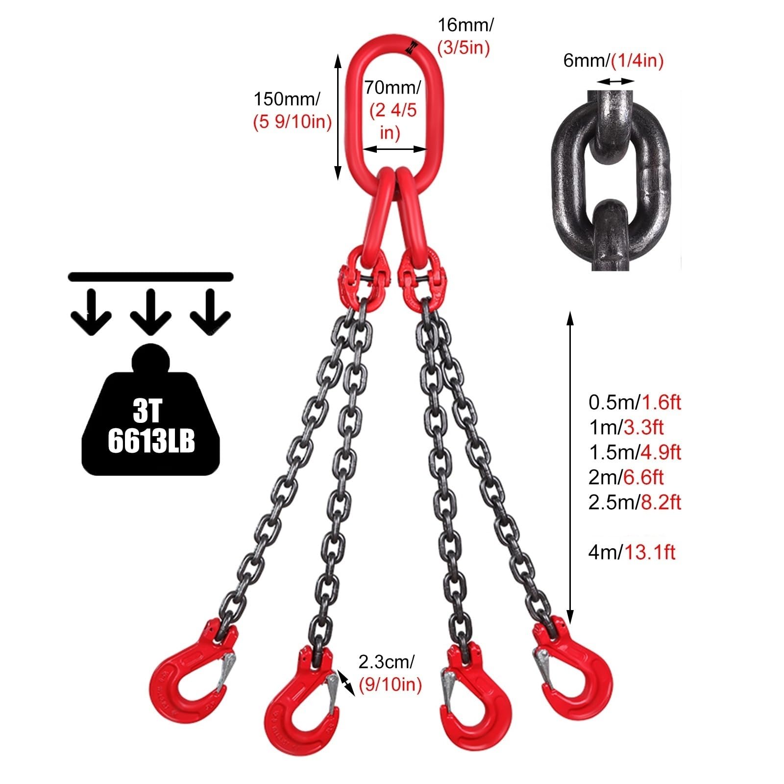 4 Chain Lifting Sling, 1 3 5 7 8 14 Feet Chain Slings for Cargo Security Towing and Handling, Heavy Duty 3 Ton Chain Sling with Locking Hooks(Load 3 Ton L 4 M (13.1 FT) 4 Hook)