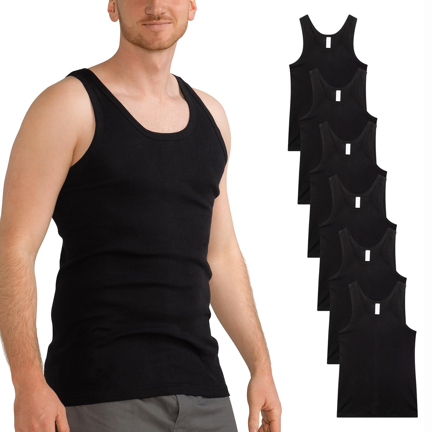 MT Pack de 6 camisetas interiores clásicas de algodón para hombre, acanalado fino o doble acanalado