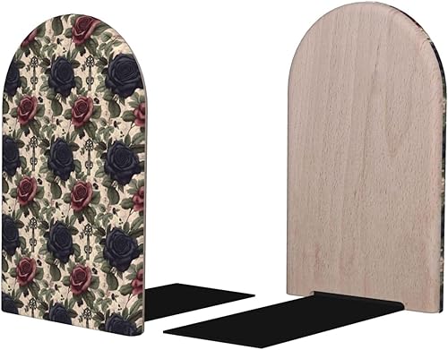 Book Ends for Shelves 1 Pair - Gothic Rose Print Wood with Metal Base Bookends for Heavy Books, Book Stand Organizer Holder for Books Movies Cds for