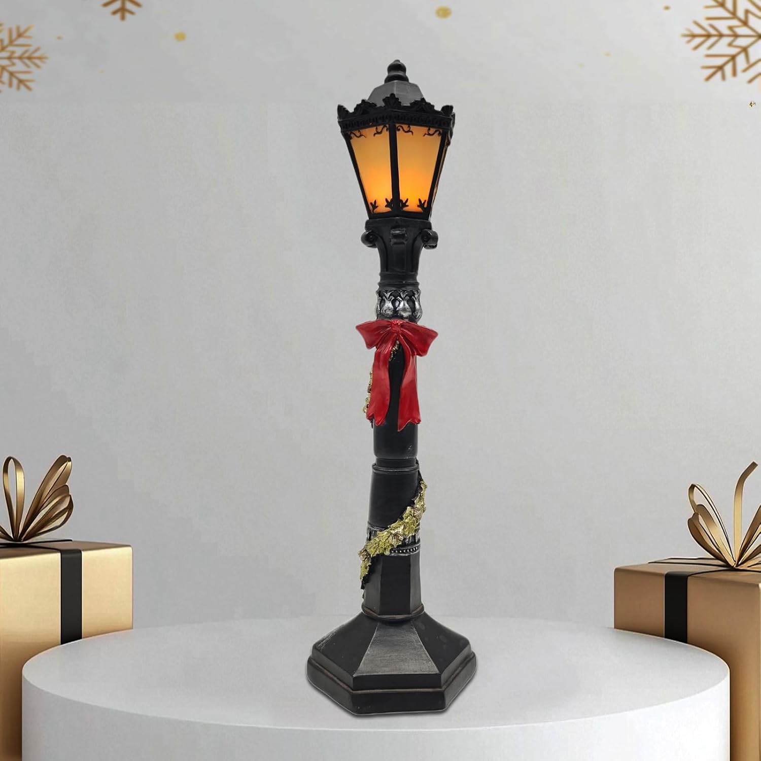 Christmas Lighthouse with Red Bow - LED Light Up Lantern Statue - Battery Powered Nautical Holiday Decor for Mantel, Coastal Christmas Village, Gift