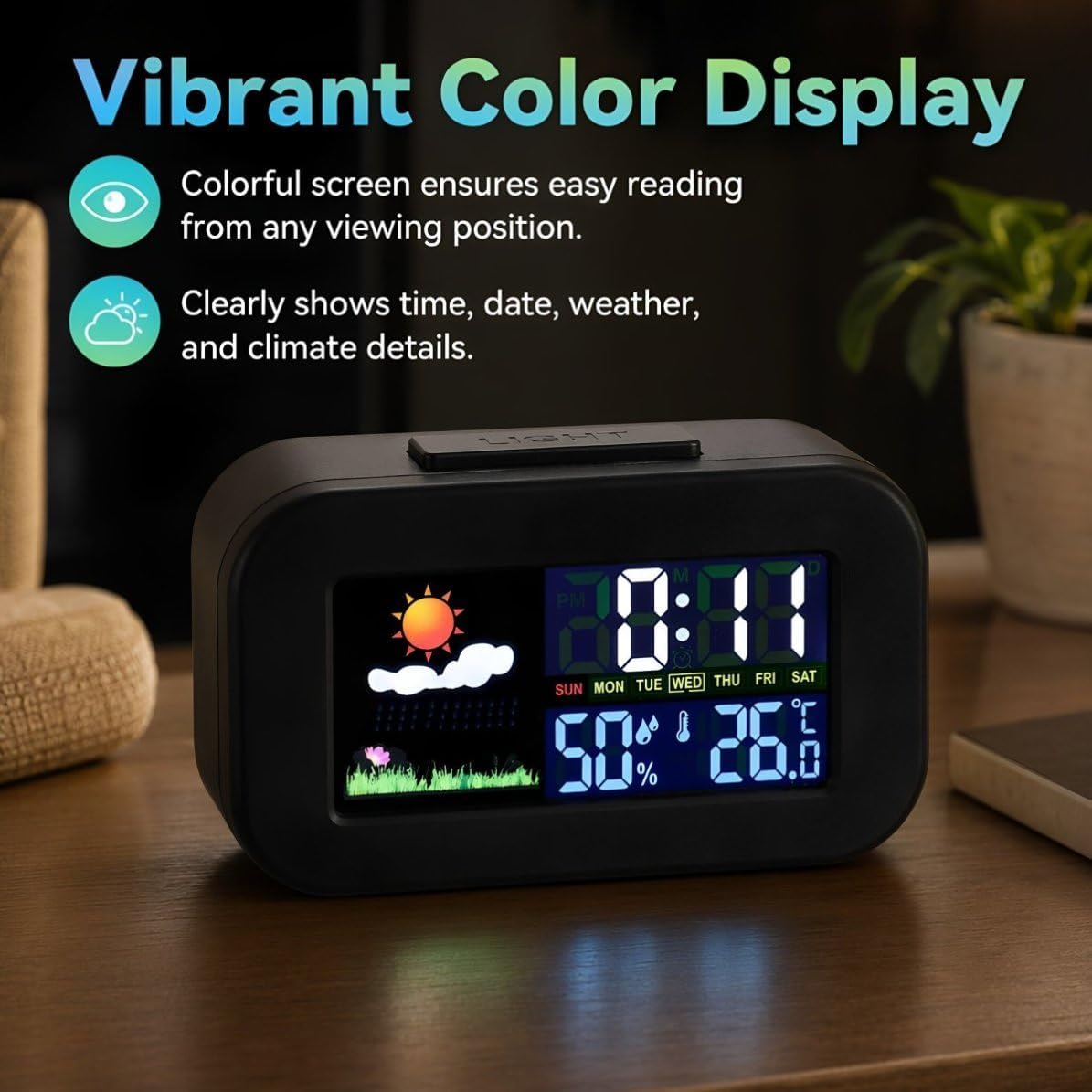 Digital Thermometer Black Alarm Clock Hygrometer for Bedroom Desk