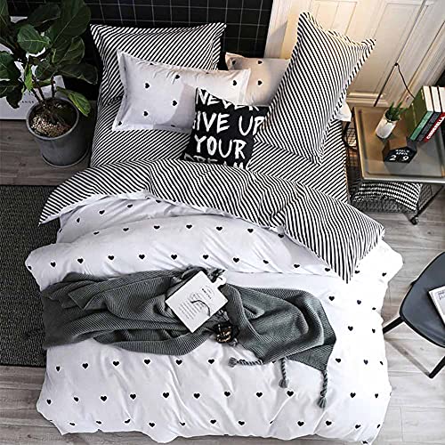 Etdiffe Cute Heart Duvet Cover Queen Size - 3 Piece Reversible White And Black Striped Pattern Printed Microfiber Comforter Cover Set - Soft And Lightweight Dark Grey Chic Quilt Cover #TOP2