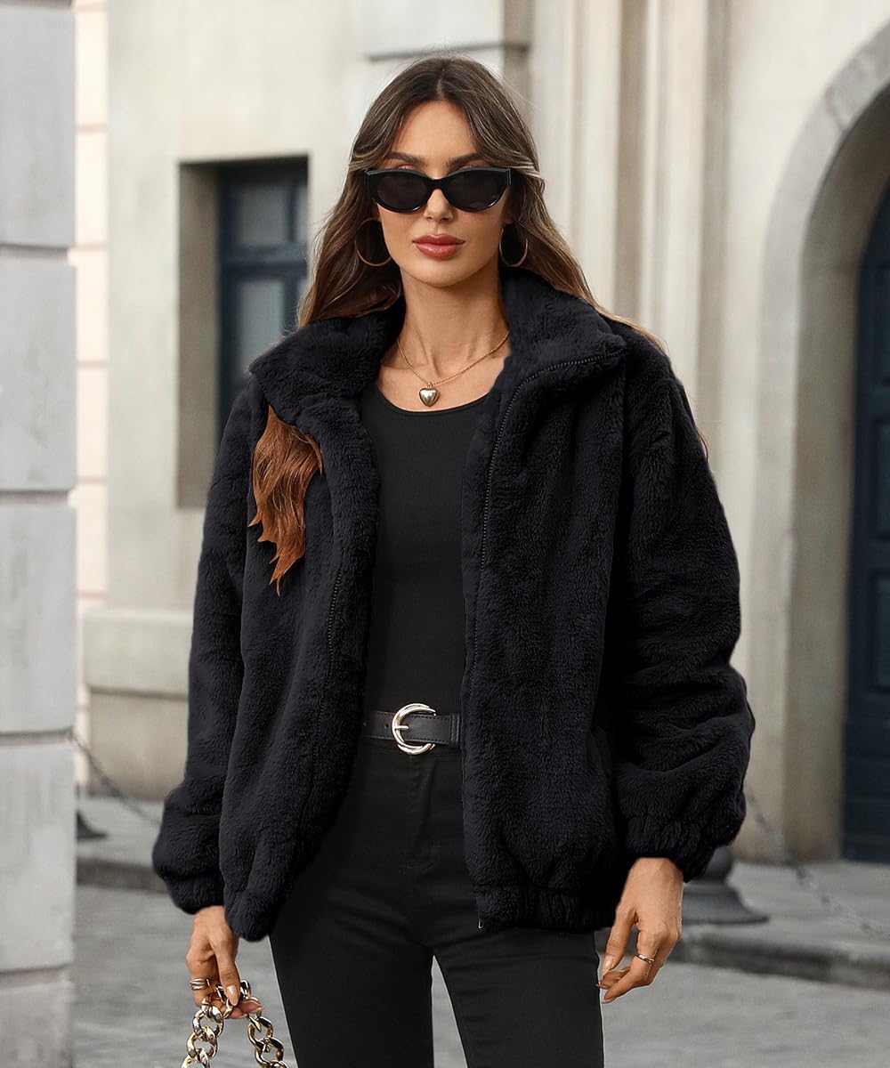 Women's Faux Fur Lapel Fashion Short Fluffy Zip Up Jackets Fall Winter Cropped Warm Coat - Image 2