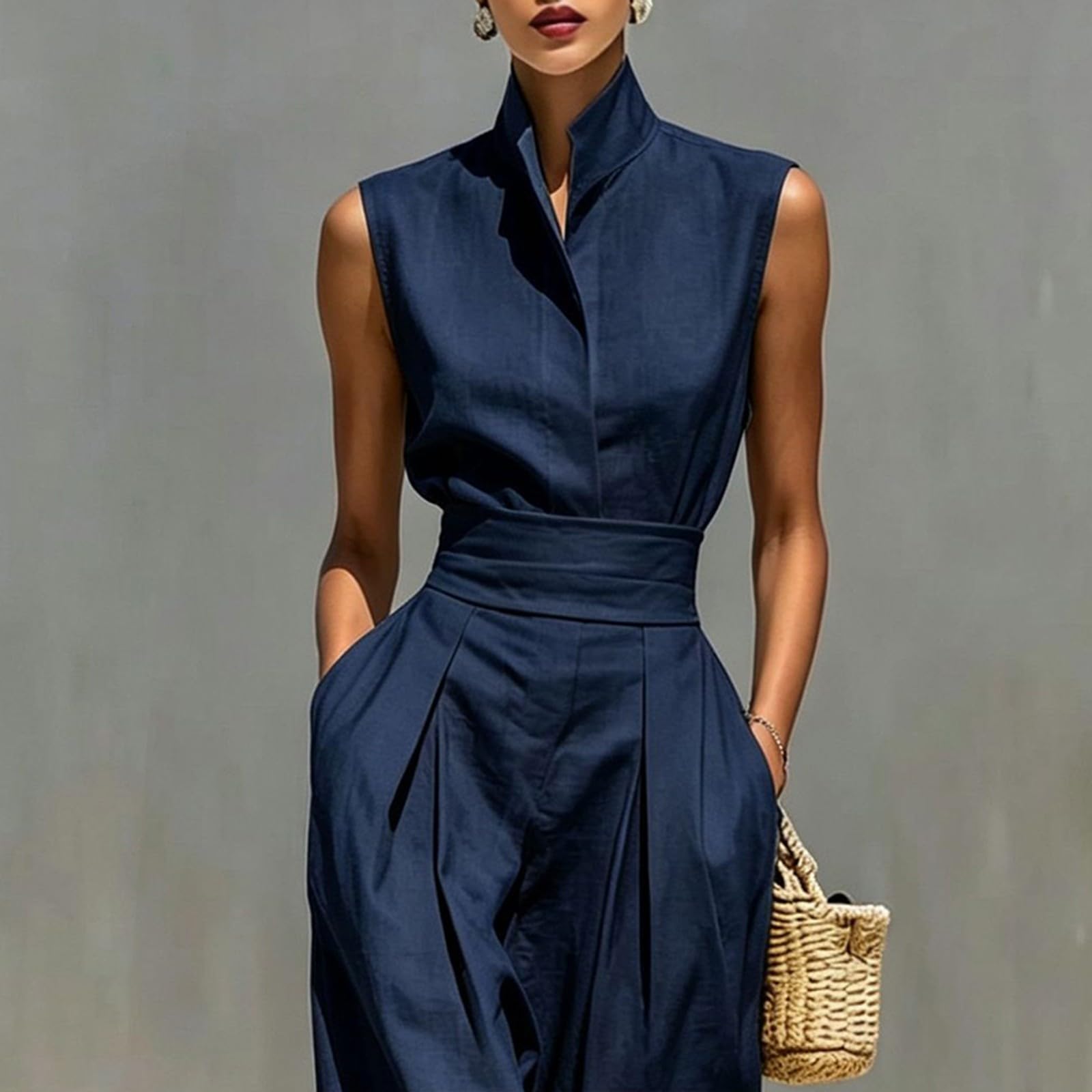 Tuta da donna elegante, per feste, senza maniche, collo alto, per il lavoro | Tuta intera a vita alta con tasche, a gamba larga, per matrimonio