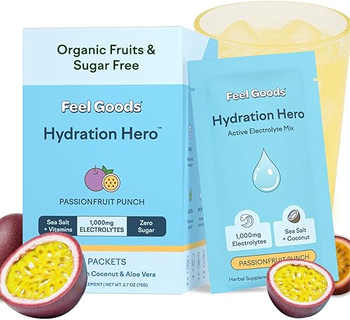 Feel Goods Hydration Hero, 1,000 mg de electrolitos en polvo, sin azúcar, magnesio, aloe vera orgánico, L teanina, vitamina C y B12, Keto, vegano,