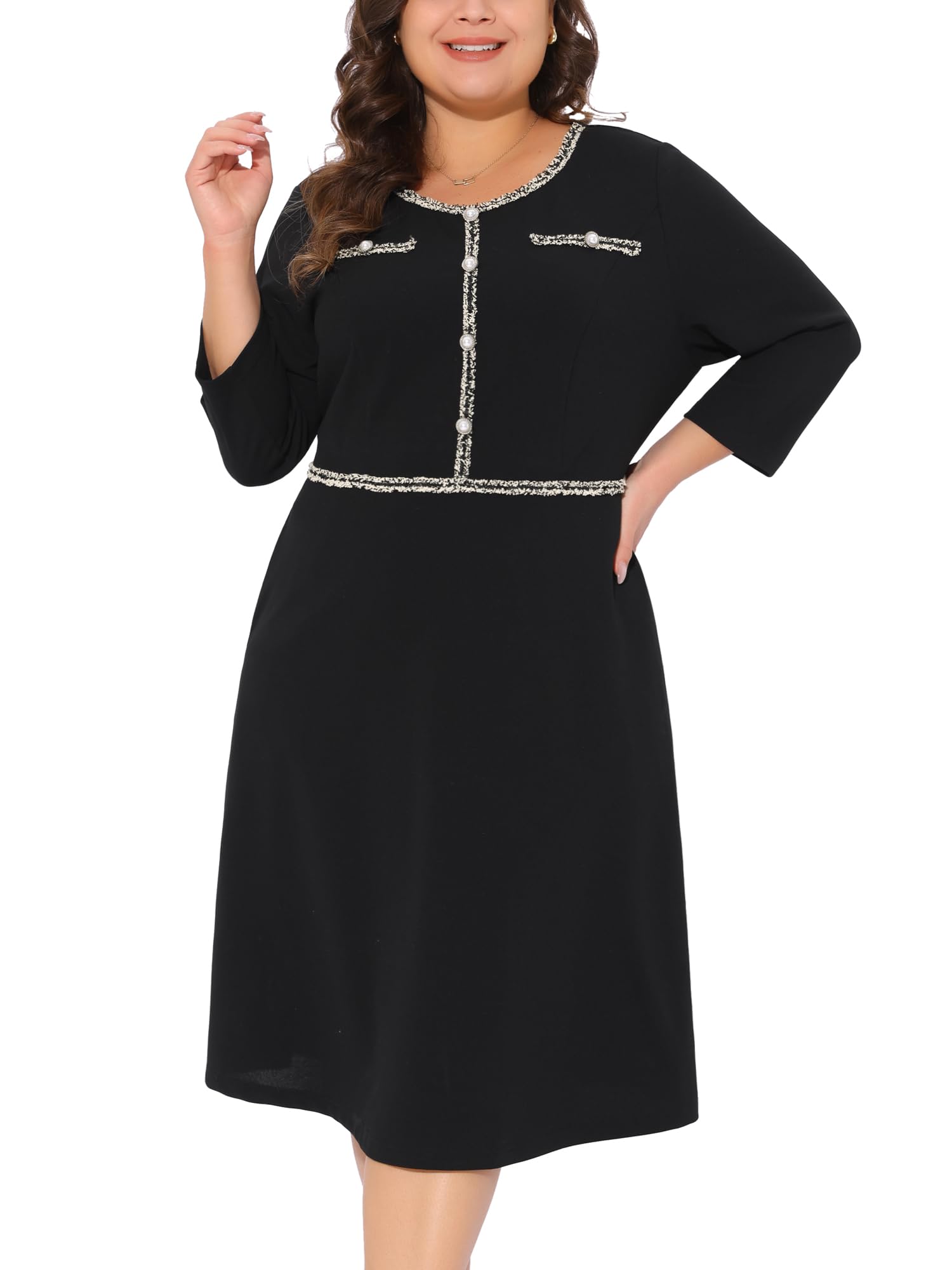 Agnes Orinda Plus Size Dresses for Women Crew Neck 3 4 Sleeve Vintage Wear to Work Office Cocktail