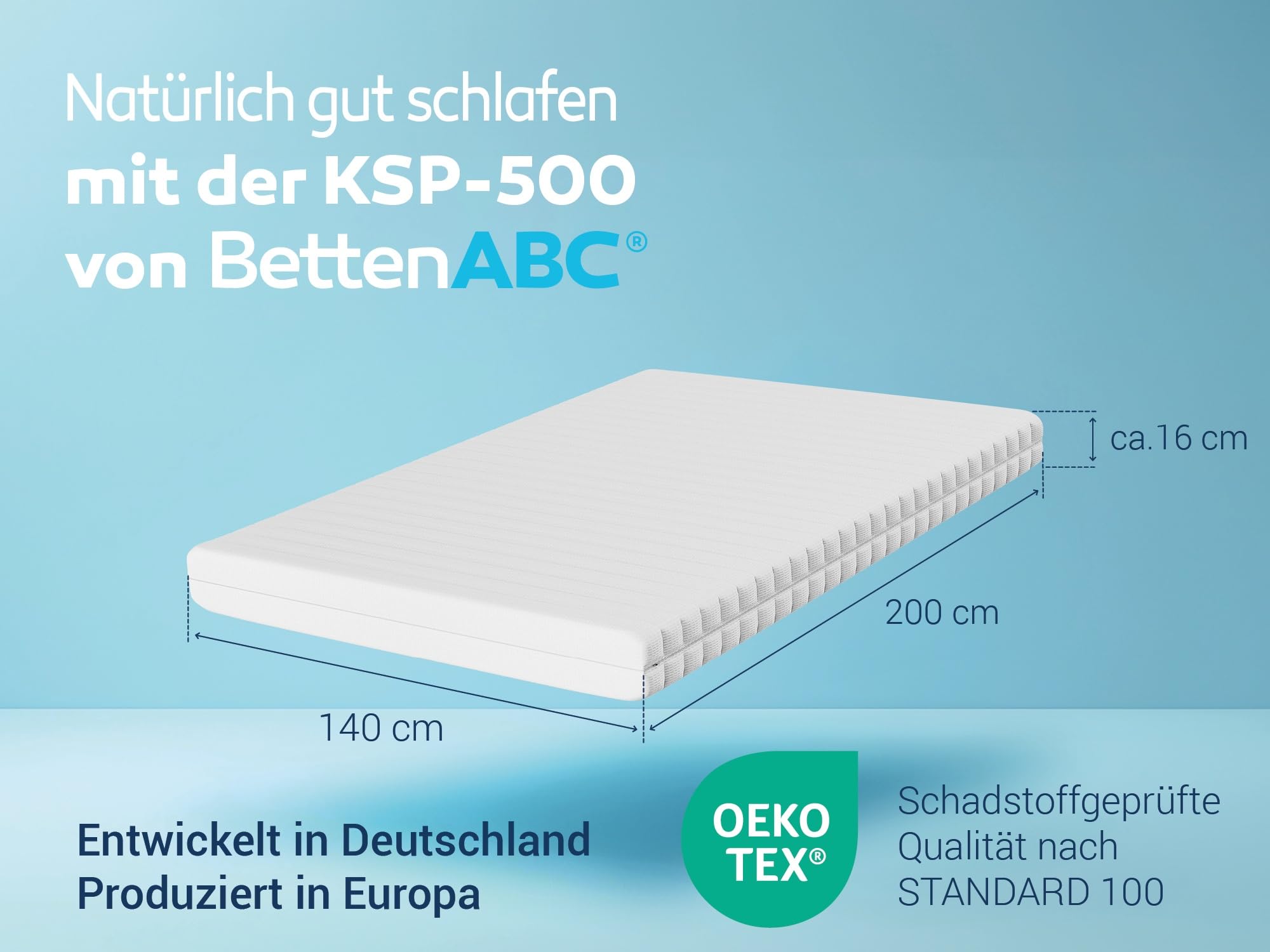 Betten-ABC - Matratze (KSP-500) - 140x200 cm (H3) - 7-Zonen Matratze aus Kaltschaum - Hypoallergen & Antibakteriell - Oeko-TEX® Zertifiziert - Bezug abnehmbar & waschbar - Lieferung per Paket