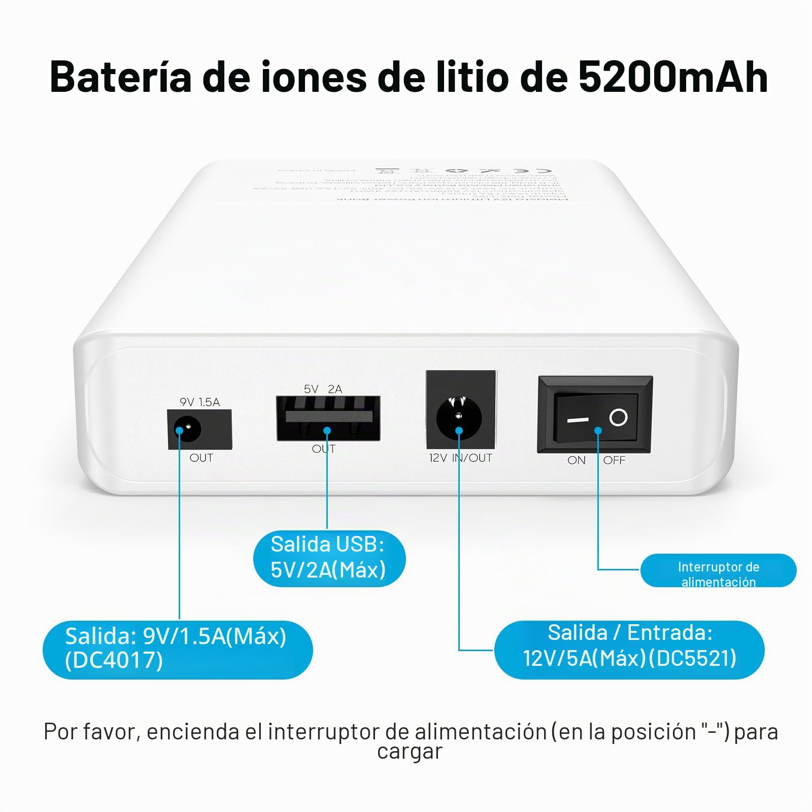 melasta Power Bank 5200mAh 12V/5A/DC 9V/1.5A/DC 5V/2A Bateria Externa Carga Bateria Portatil con Cargador Powerbank 1 Entrada y 3 Salidas con LED Patalla para Smartphone, Tira LED, Cámara CCTV