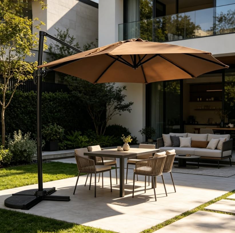 GarveeTech 3M Cantilever Parasol, Large Offset Hanging Parasol with Cross Base, Banana Garden Umbrella Set with 360° Rotatable Adjustable Shade Patio Umbrella for Garden, Patio
