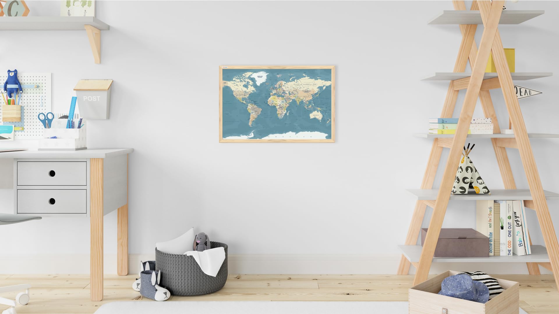 ALLboards Tableau magnétique image carte du monde couleurs pastels 60x40cm dans un cadre en bois naturel