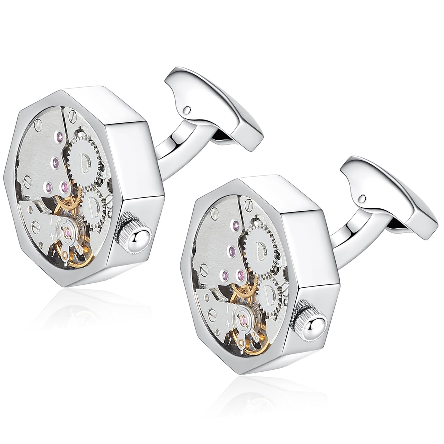Honey Bear Gemelli Movimento Dell'orologio Steampunk Per Uomo Camicia, Ottagono acciaio per regalo di nozze affari con scatola (Argento)