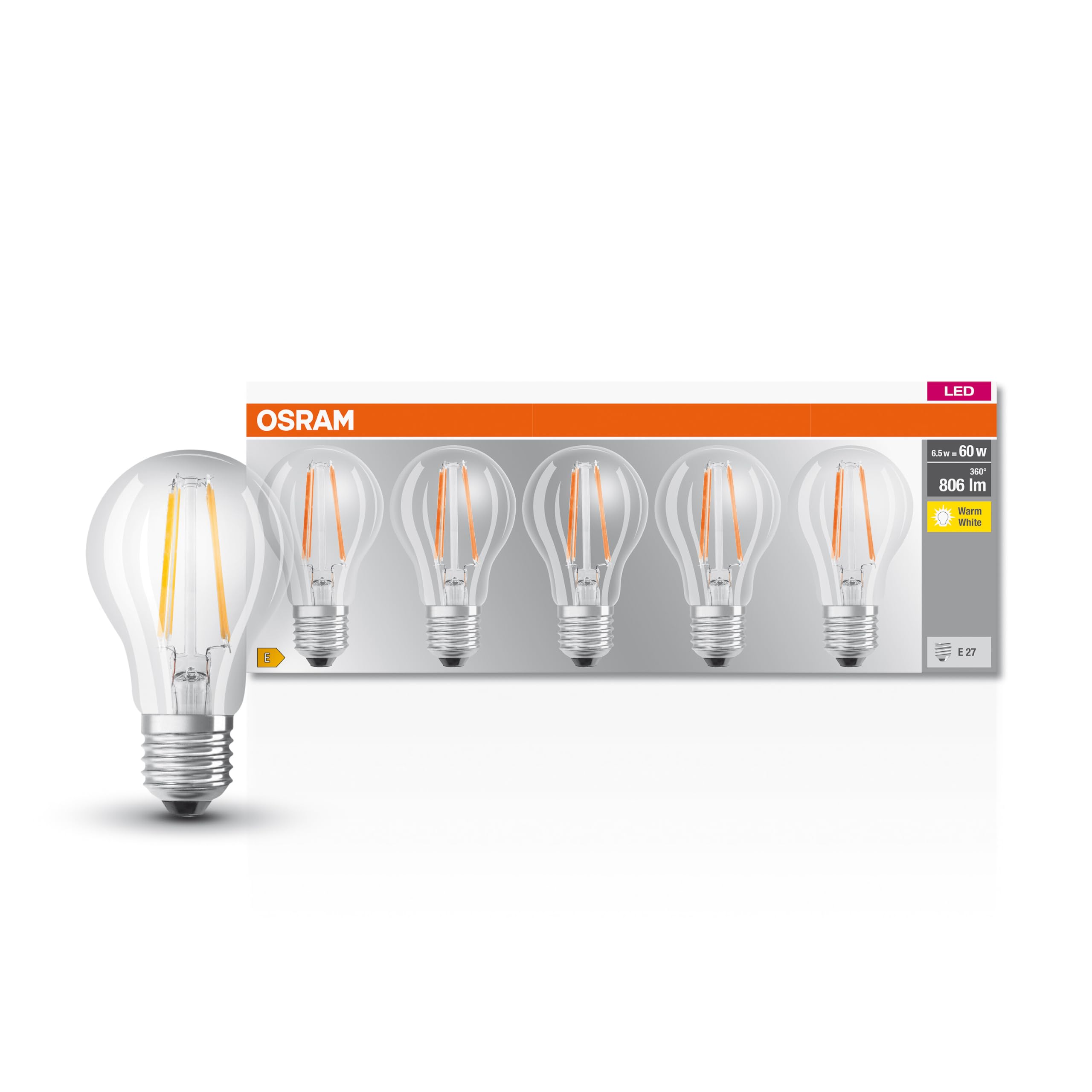 Osram LED Base Classic A Lampe, Sockel: E27, Warm White, 2700 K, 7 W, Ersatz für 60-W-Glühbirne, klar, 5er Packung