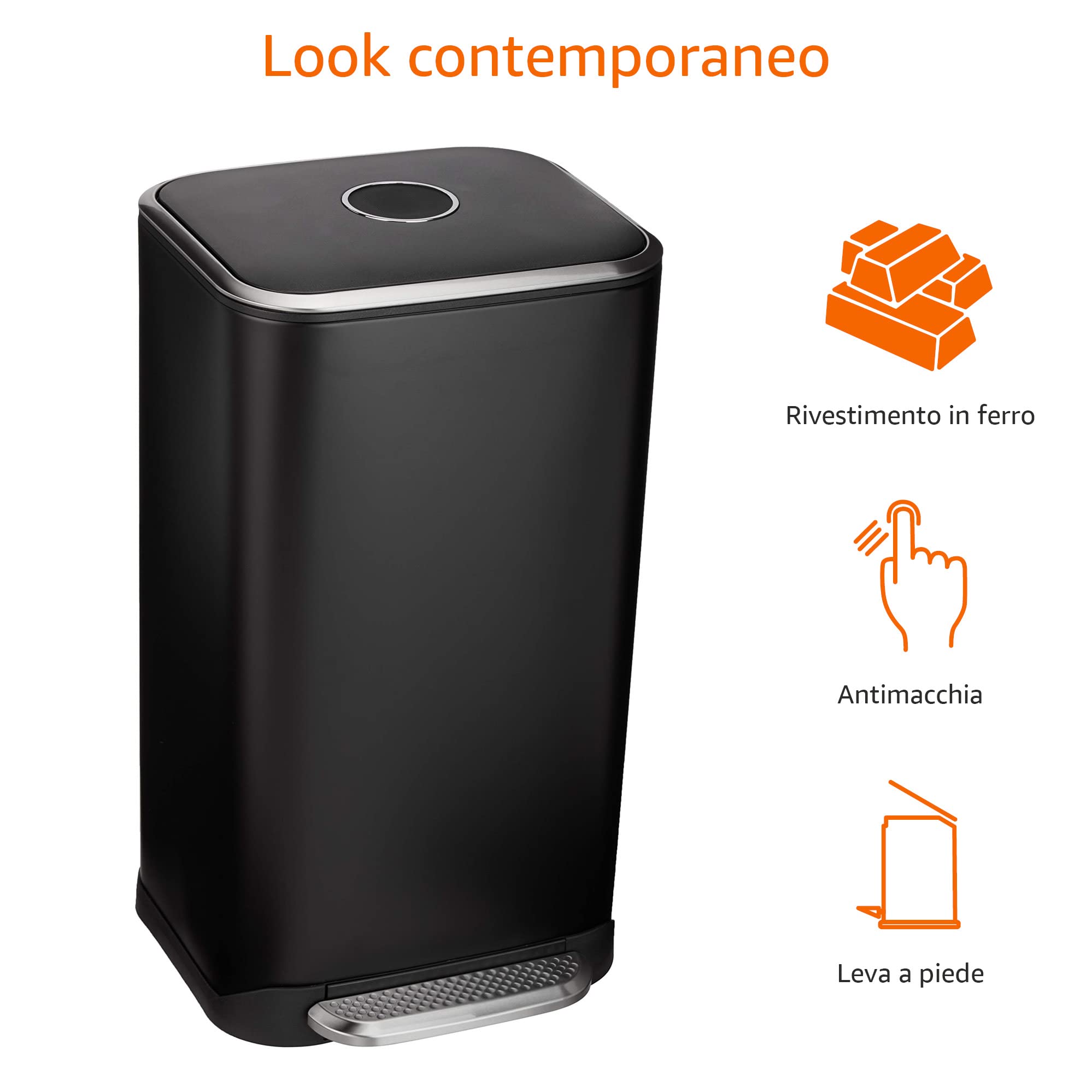 Amazon Basics Pattumiera rettangolare con chiusura silenziosa, 32 l, nero