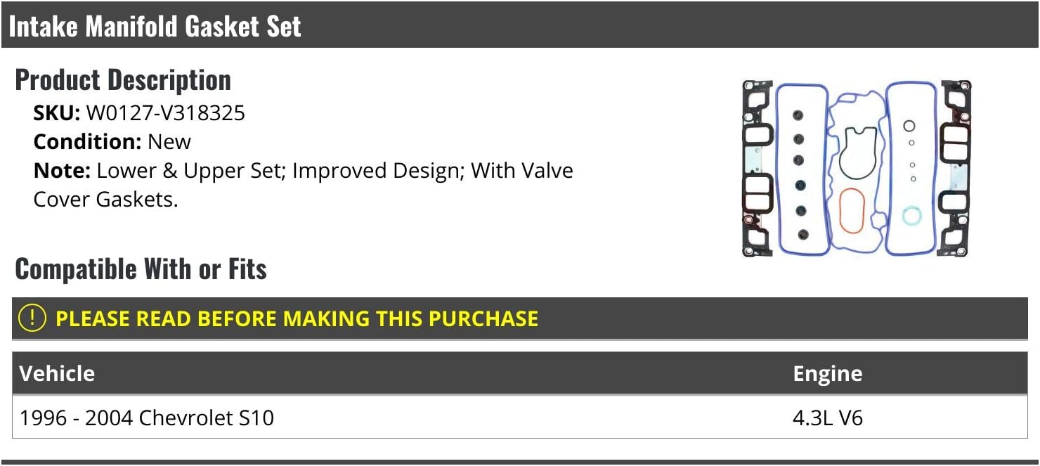 Marketplace Auto Parts Lower and Upper Intake Manifold Gasket Set - with Valve Cover Gaskets - Compatible with 1996-2004 Chevy S10 4.3L V6
