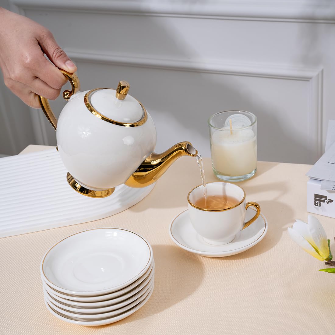 Théière En Céramique Blanche à Bords Dorés - Style élégant Européen - Capacité Environ 1L - Pour Thé Et Café - Idéale Service à Thé