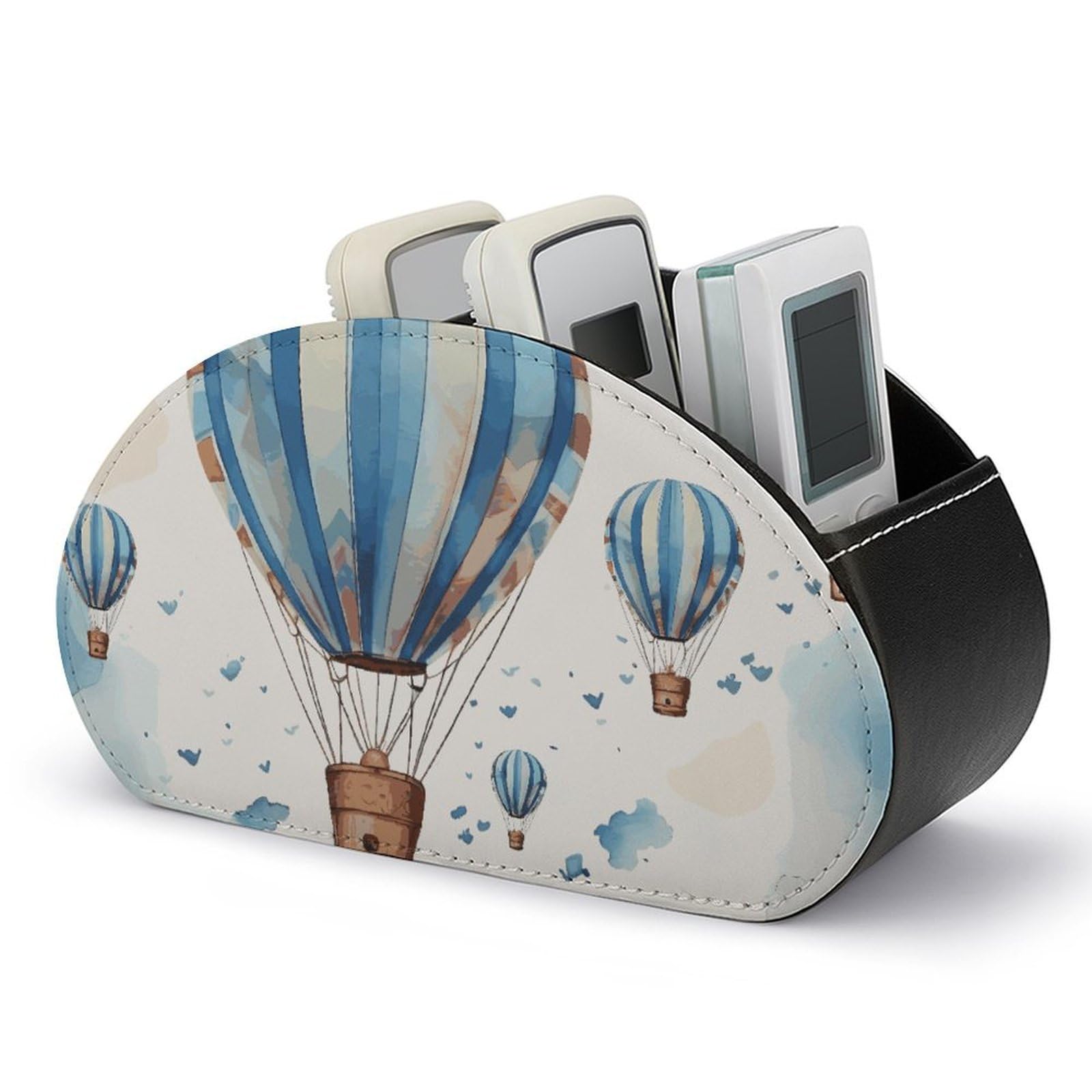 JTREHY Blue Hot Air Balloon Remote Control Holder with 5 Compartments Pu Leather Remote Caddy Box Multi-functional Deskt Holders Organizer Box Tray Bedside Table Storage Organizer