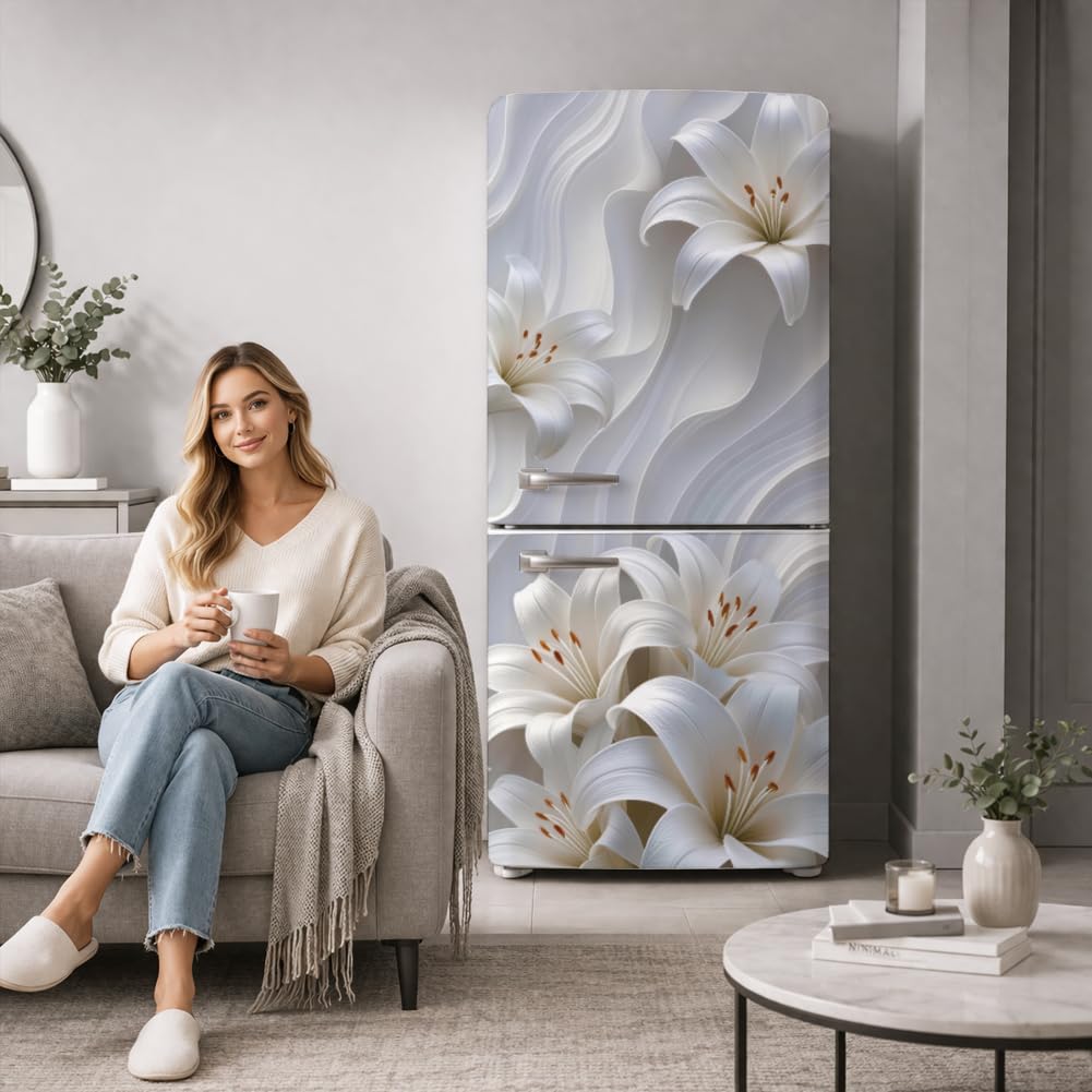 2 unidades de envoltura extraíble para nevera con diseño de flores de lirio, autoadhesivas, mural de vinilo para puerta de nevera, pegatina de cubierta de panel para congeladores, para