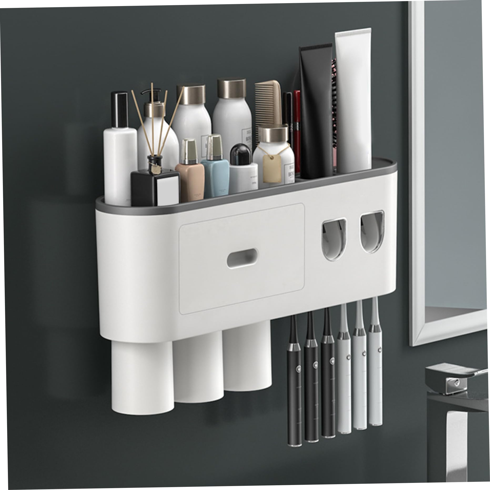 Soporte de pared para cepillo de dientes, dispensador automático de pasta de dientes con 3 tazas magnéticas, 6 ranuras para cepillo, bandeja de almacenamiento y cajón para nización de baño.
