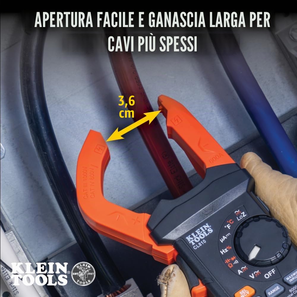 Klein Tools CL810 Pinza Amperometrica Digitale 600A AC/DC | Multimetro a Pinza TRMS Auto Range | Tensione Resistenza Frequenza Capacità Temperatura Inrush | NCV LoZ | Luce di lavoro CAT III